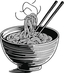 Bowl of ramen with chopsticks, black and white continuous line art, minimal style 2