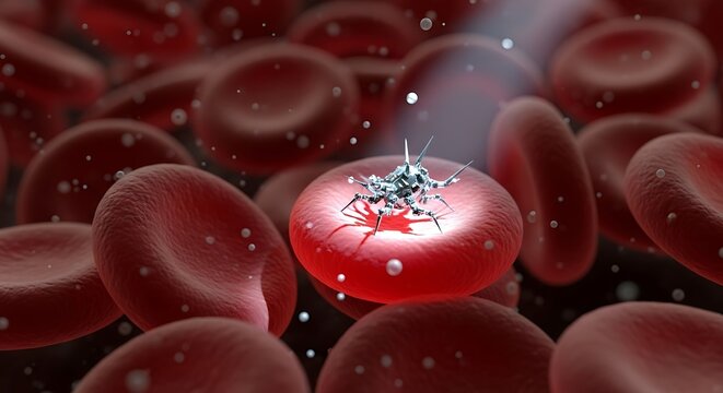 Closeup of red blood cells with platelets and a bright light shining on them - Powered by Adobe