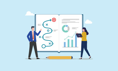 Strategic planning for business success. Illustration of  analyzing a business plan with a roadmap, graphs, and charts, representing collaboration, strategy, and financial planning for success.
