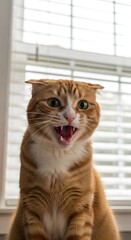 A close-up shot of an orange tabby cat with its mouth wide open, expressing a surprising or possibly angry emotion, set against a window background with a hint of natural light