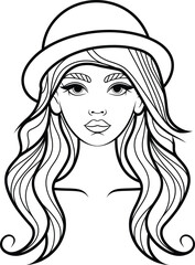 Beautiful Woman Line Art Portrait with Hat Vector Illustration, Fashion Girl Face Drawing, Elegant Female Silhouette Artwork Design