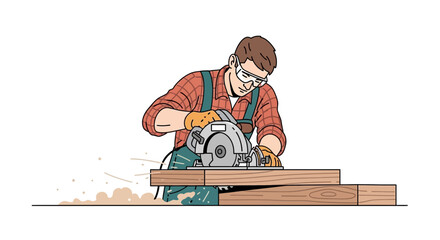 Carpenter Using Circular Saw for Woodworking Construction Projects Safely