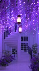 A captivating indoor scene bathed in vibrant purple light, featuring hanging lanterns and lush plantings.