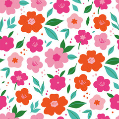 Seamless pattern with pink and red flowers. Vector graphics.