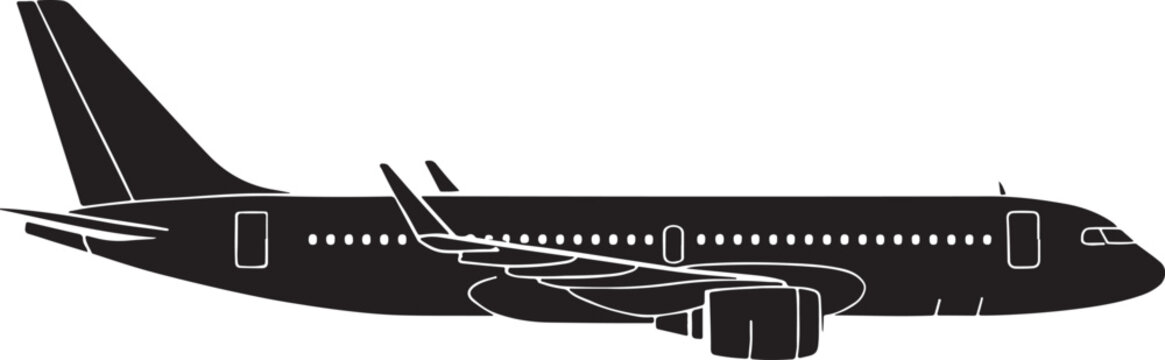 Commercial jet silhouette in flight isolated on white background, side profile of modern passenger airplane vector.