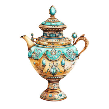 ornate teal teapot watercolor design clip art preview