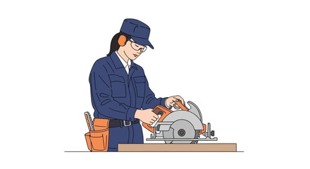 Focused female carpenter cutting wood with circular saw illustration