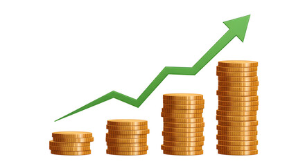 Growth Chart Icon with Stacked Coins for Finance and Analytics On White
