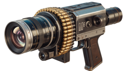 Innovative camera design merges cinematic lens with ammunition belt for a powerful visual statement, perfect for action films or graphic concepts