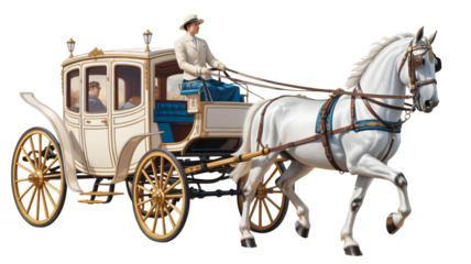 Elegant horse drawn carriage with driver and passengers, evoking historical luxury and timeless sophistication for your next project.