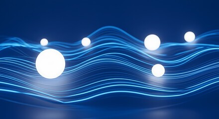 Abstract digital waves and glowing spheres on blue background