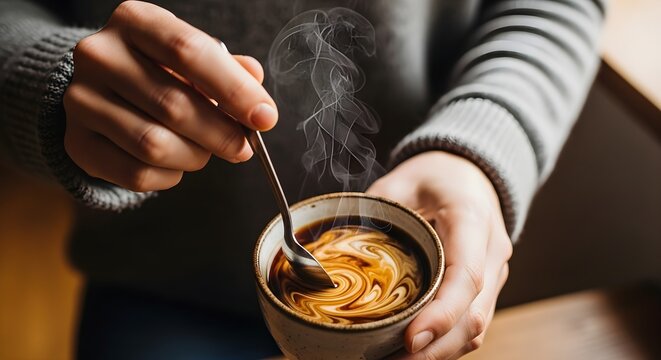 Close up of hands stirring a hot steaming cup of coffee with cream.
