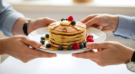 Four hands sharing a delicious plate of pancakes with fresh berries.