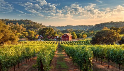 Naklejka premium A sprawling vineyard landscape, bathed in golden light, showcases rows of grapevines stretching towards a red barn nestled within rolling hills.