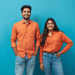 Young Man and Woman in Orange Shirts and Jeans Posing with Hands in Pockets Against a Blue Background