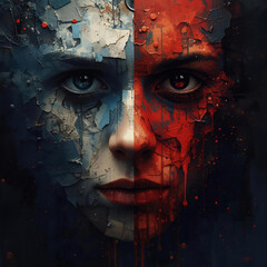 Split face portrait with blue and red paint textures and cracked abstract surface