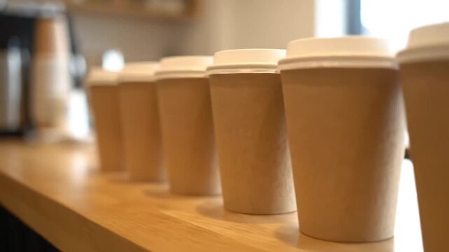 Coffee Shop Takeout:  A Row of Eco-Friendly Paper Cups