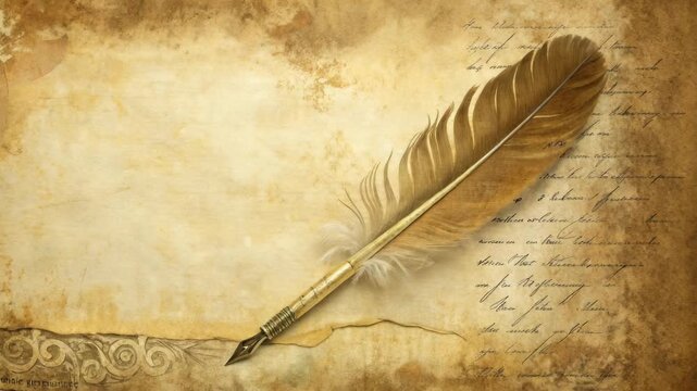 Feather quill pen resting on aged parchment with handwritten text in vintage style design art