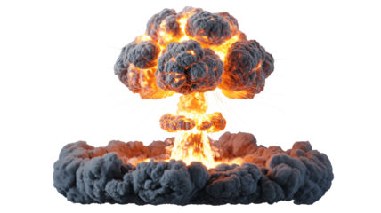 Dramatic mushroom cloud explosion erupts with intense fiery blast and dark smoke plumes creating a powerful visual impact for action scenes