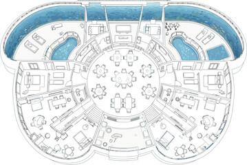 Vector art of architectural blueprint of a luxury resort floor plan with pools and seating areas
