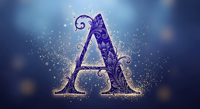 Elegant Letter A with Floral Design and Sparkles.