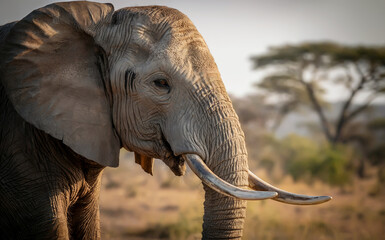 Close-Up of African Elephant with Curved Tusks and Large Ears in Golden Savanna, High-Resolution Wildlife Photography Capturing Natural Texture, Trunk Detail, and Conservation Beauty