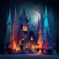 A whimsical, polygonal dwelling nestled amidst a dark, mystical forest, illuminated by warm interior light and a crescent moon.