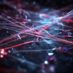 Abstract neon fibers and glass shards in blue and red glow for futuristic tech visuals