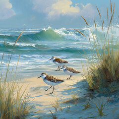 Seabirds on the beach: three shorebirds wander the sand as waves roll in under a bright blue sky
