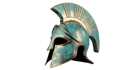 Ancient Spartan warrior helmet with weathered teal and gold patina, symbolizing strength and historical legacy for powerful storytelling.