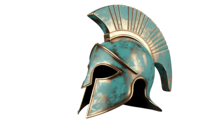Ancient Spartan warrior helmet with weathered teal and gold patina, symbolizing strength and historical legacy for powerful storytelling.