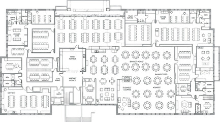 Vector art of detailed floor plan of a large building with multiple rooms and seating areas