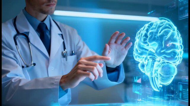 Doctor Interacting with Futuristic Holographic Brain Scan Display for Advanced Medical Diagnosis and Research - Powered by Adobe