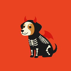 Cartoon dog wearing a devil and skeleton Halloween costume against an orange background.