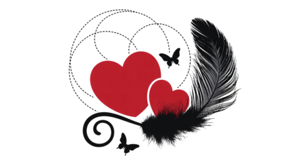 Elegant red hearts adorned with a dark feather and delicate butterflies evoke passion and romance in a timeless design