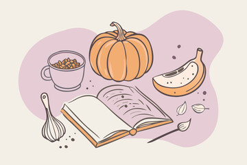 Autumn Culinary Inspiration: Open Cookbook with Pumpkin, Spices, and Seasonal Ingredients on Artistic Background
