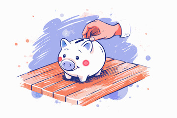 Hand Placing Coin into Piggy Bank on Wooden Table - Modern Illustrative Concept of Savings and Financial Growth