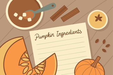 Autumn Pumpkin Recipe Ingredients with Cinnamon and Marshmallows on Rustic Background