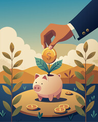 Investment Growth Concept: Hand Planting Coin in Piggy Bank amidst Scenic Landscape
