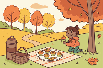 Child Enjoying Autumn Picnic with Muffins in Scenic Park Setting