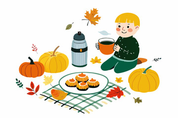 Cozy Autumn Picnic: Child Enjoying Cup of Tea with Pumpkins, Muffins, and Colorful Leaves