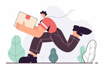 Cartoon Delivery Person Rushing with Package Amidst Stylized Nature Elements