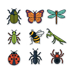 Fototapeta premium Charming insect illustrations including a butterfly, bee, ladybug, and more, perfect for nature-themed designs and educational resources