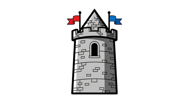 Cartoon Stone Castle Tower with Red and Blue Flags