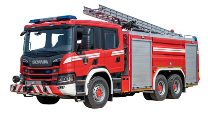 Modern red fire engine with extended ladder, ready for emergency rescue and firefighting operations, showcasing advanced equipment and safety features.