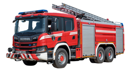 Modern red fire engine with extended ladder, ready for emergency rescue and firefighting operations, showcasing advanced equipment and safety features.