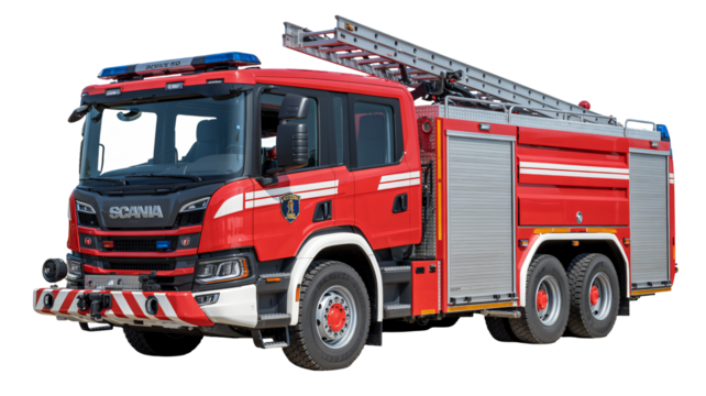 Modern red fire engine with extended ladder, ready for emergency rescue and firefighting operations, showcasing advanced equipment and safety features.