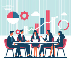 Team Strategy Meeting with Infographic Gears and Charts