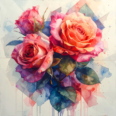 Vibrant pink rose pink rose rose bouquet watercolor flower botanical painting floral arrangement garden rose romantic bloom