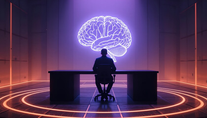 Businessman Views Giant Holographic Brain in Futuristic Control Room